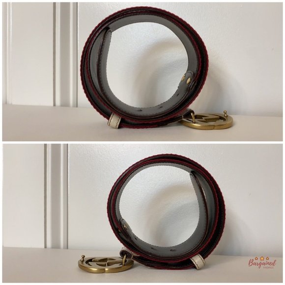 Authentic Gucci Red/Green Web Leather Gold Interlocking G Buckle Belt 85/34 - Picture 10 of 13